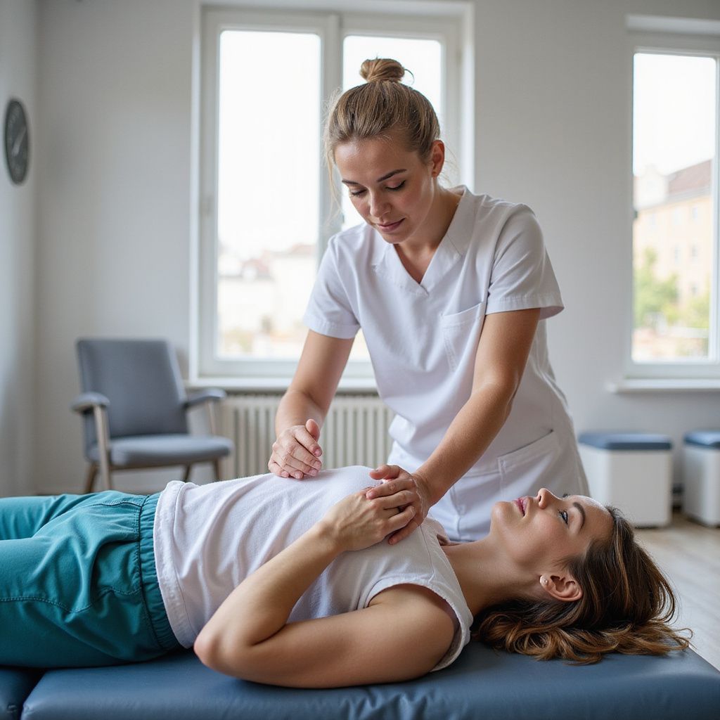 Un medico in camice bianco esegue un esame del torace su un paziente disteso su un tavolo.