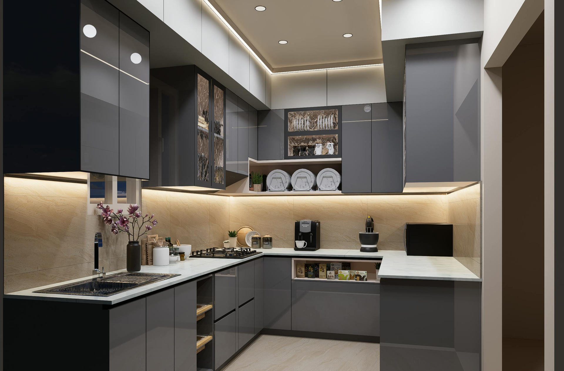 Modern gray U-shaped kitchen with countertops, cabinets, range, and under-cabinet lighting.