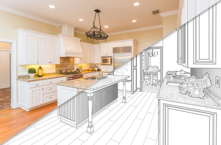 Half-finished kitchen remodel: white cabinets, island, wood floor; a sketch merges with a photo.