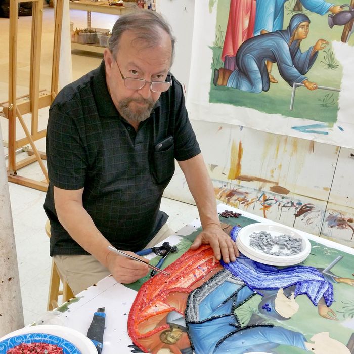 George Papastamatiou creating a Byzantine mosaic of Panagia the Life-Giving Font in the Boston studio of Byzantine Artworks