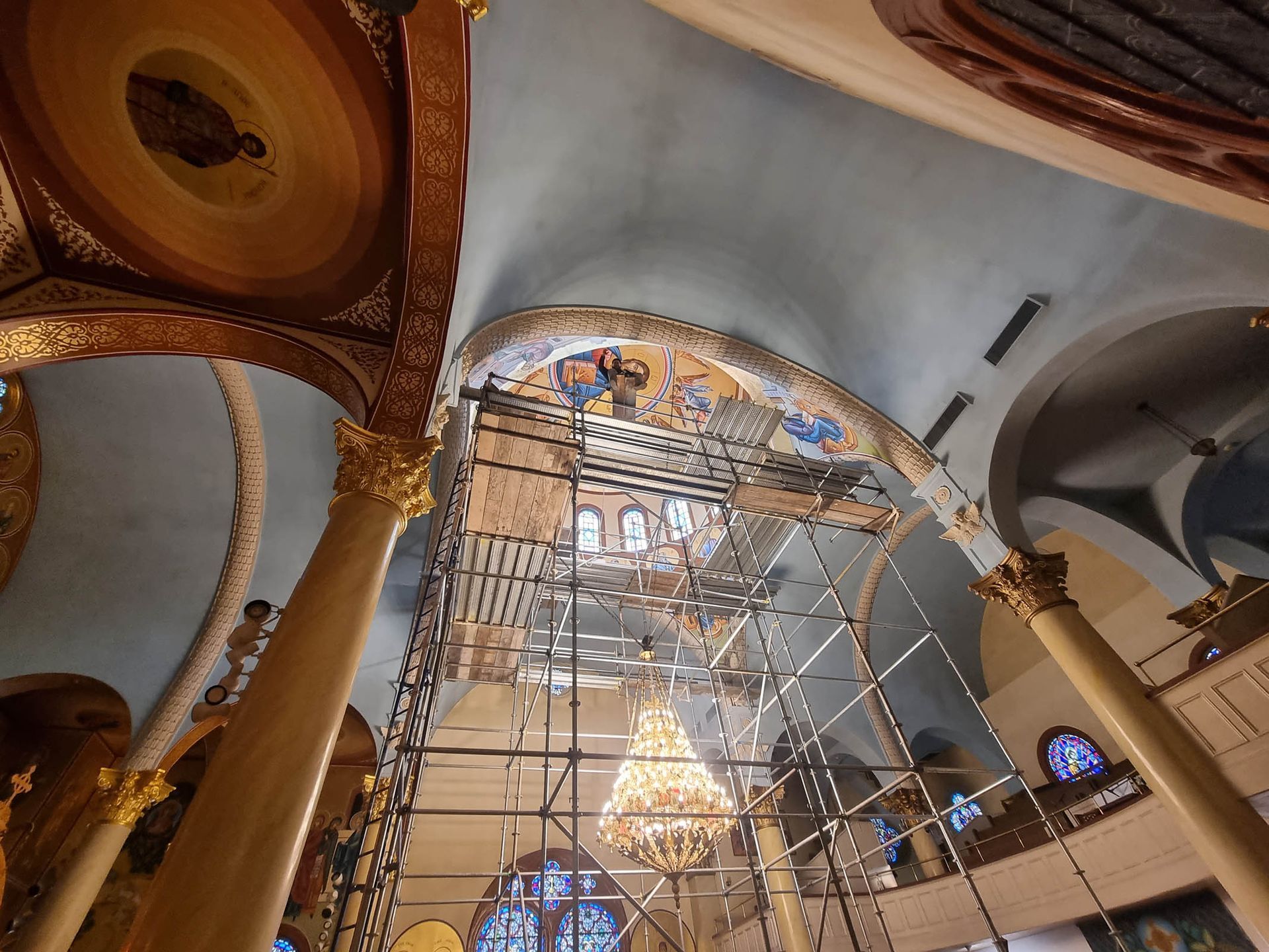 Orthodox dome murals & Pantocrator installation with scaffolding, Byzantine, Eastern Christian, Coptic, Slavic art traditions