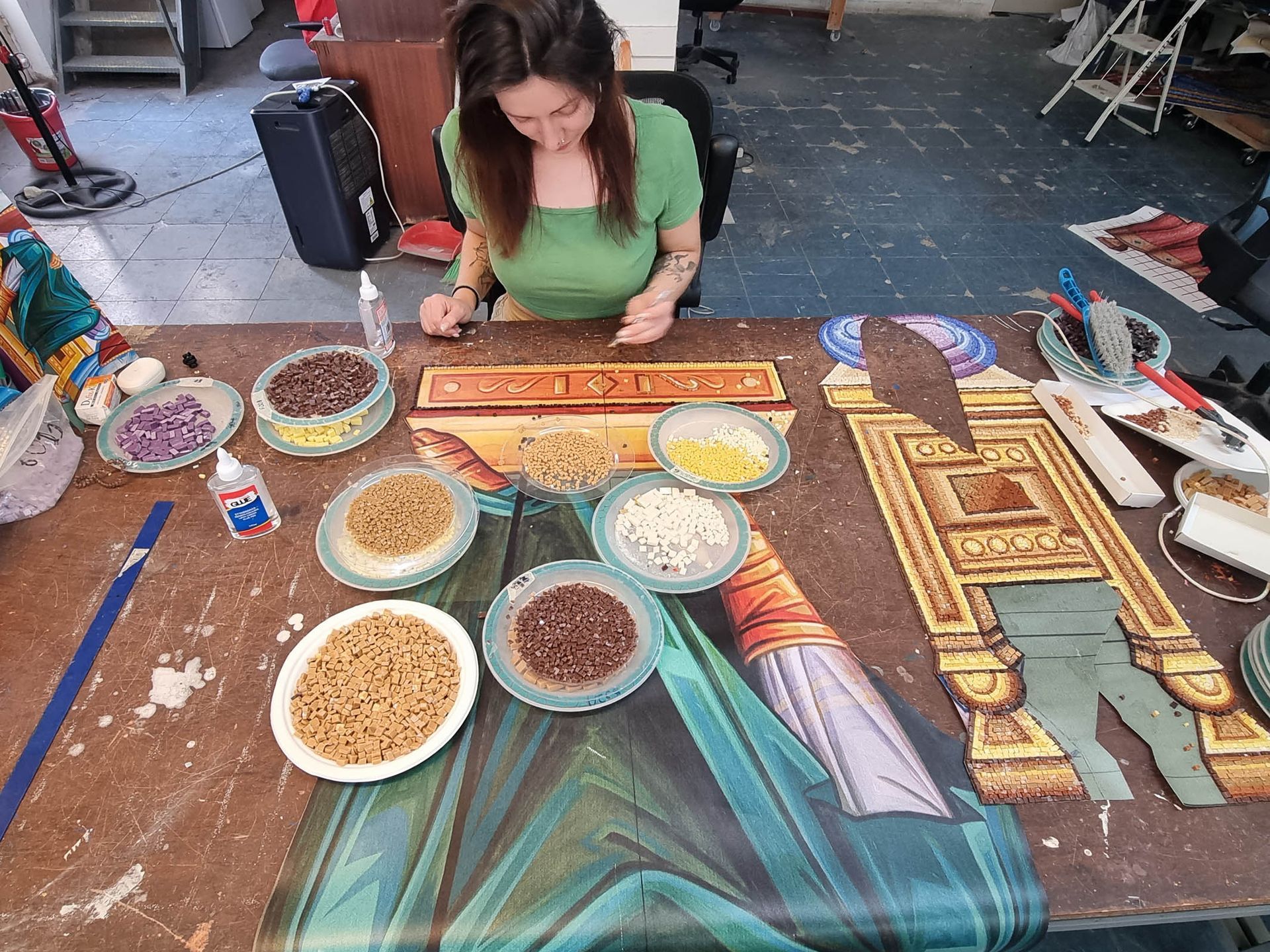 Artisan creating Eastern Christian mosaic, Byzantine, Orthodox, Coptic, Syrian, Catholic traditions. Studio work in progress