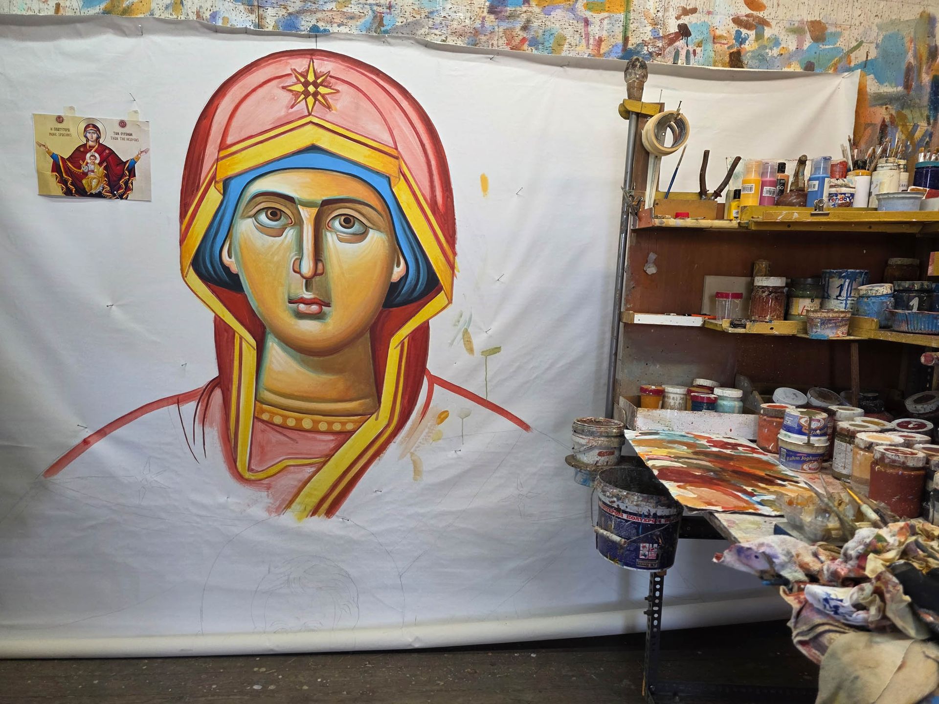 Platytera Mother of God mural painting in progress, large scale Eastern Christian iconography for Byzantine Catholic churches