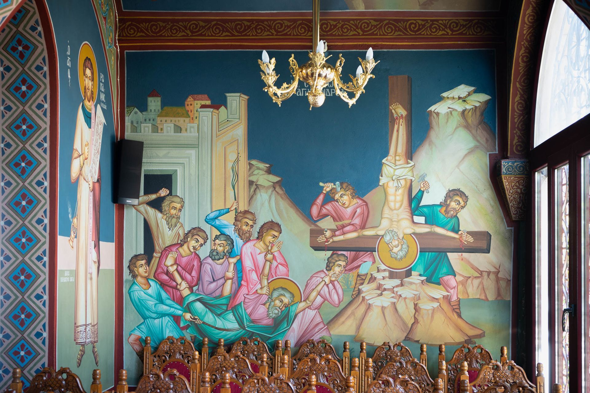 Wall panel icon Martyrdom of St Andrew at Evangelismos Annunciation Church Chalkida, Greece, by iconographer G Papastamatiou