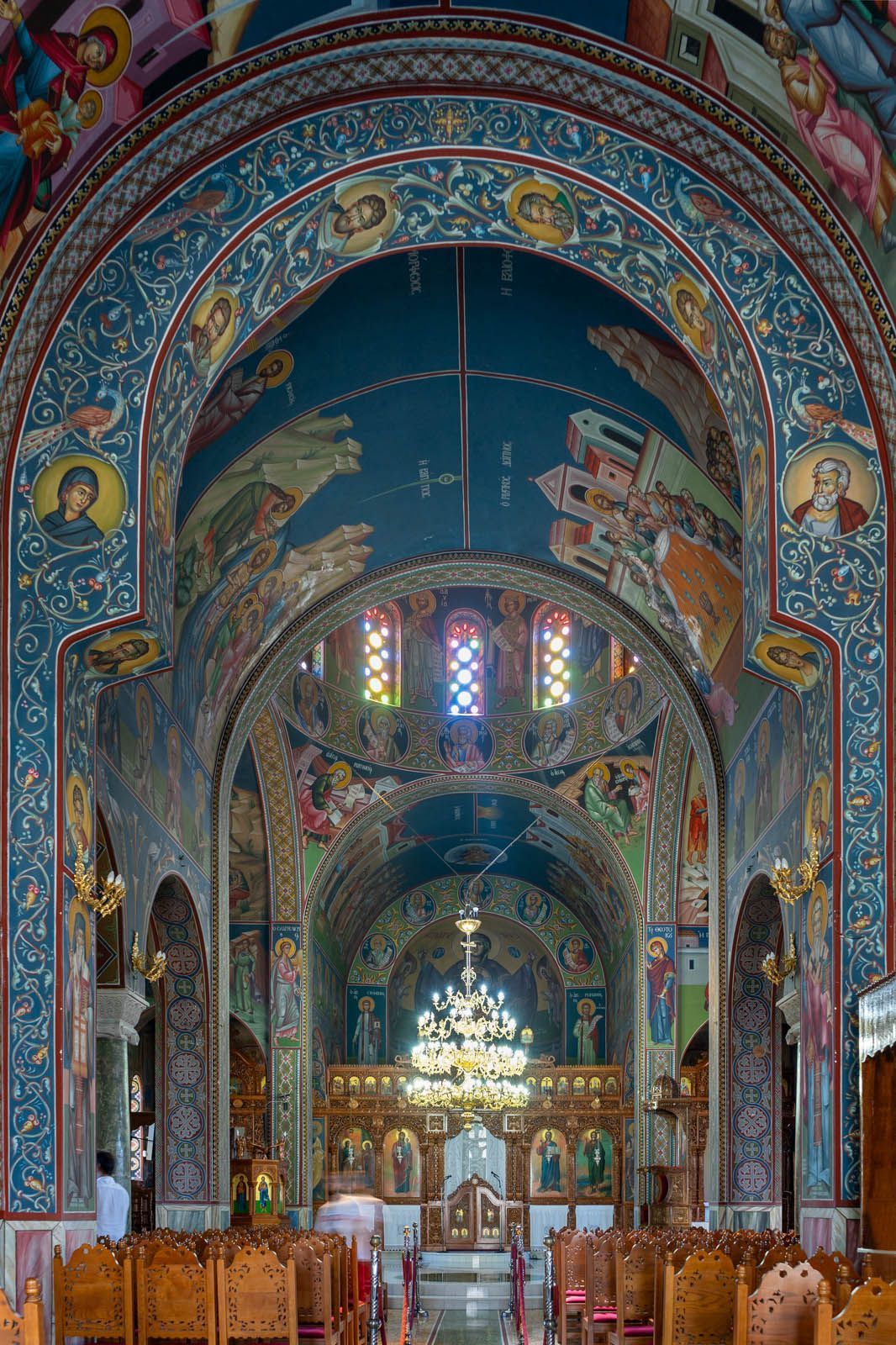 Nave interior of Evaggelismos in Chalkida, Greece, with Byzantine Orthodox iconography by G Papastamatiou Byzantine Artworks.