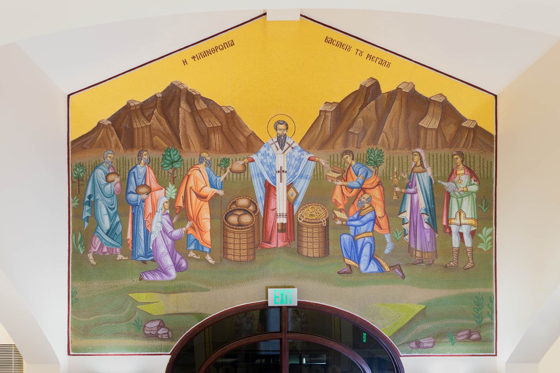 Byzantine smalti mosaic panel of St Vasili for church interiors, handcrafted liturgical art installation, cathedral Denver CO