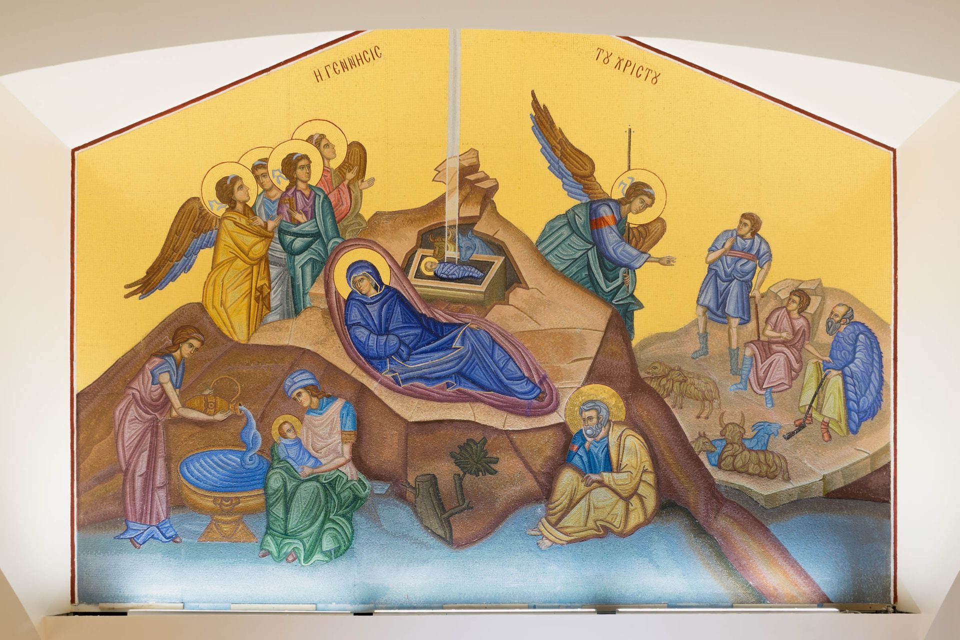 Traditional Nativity mosaic in Byzantine style. Custom mural for Orthodox and Catholic liturgical interiors. Denver Cathedral