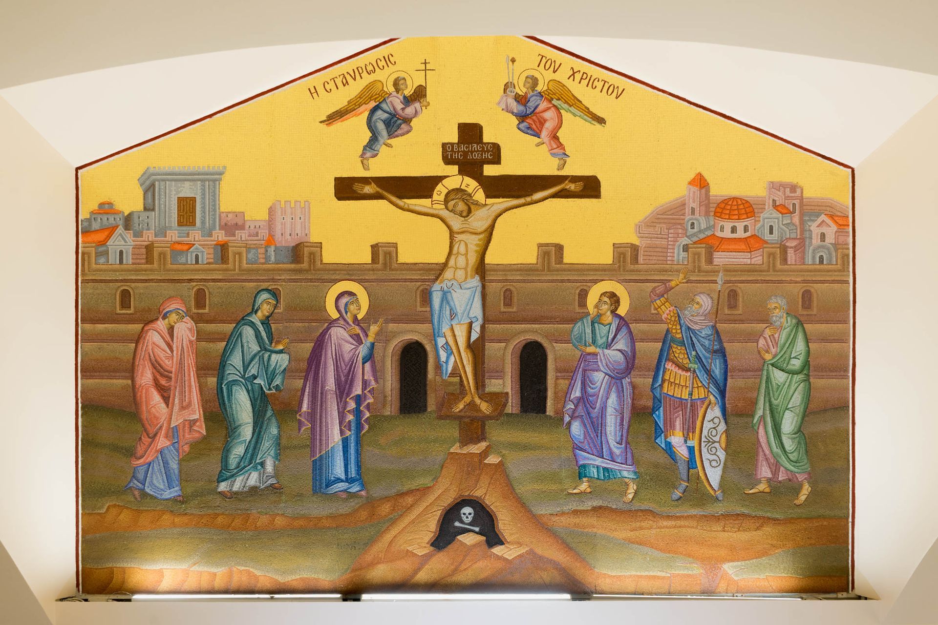 Byzantine Crucifixion of Christ mosaic artwork with Mary, St. John, soldier, angels & Jerusalem backround wall installation