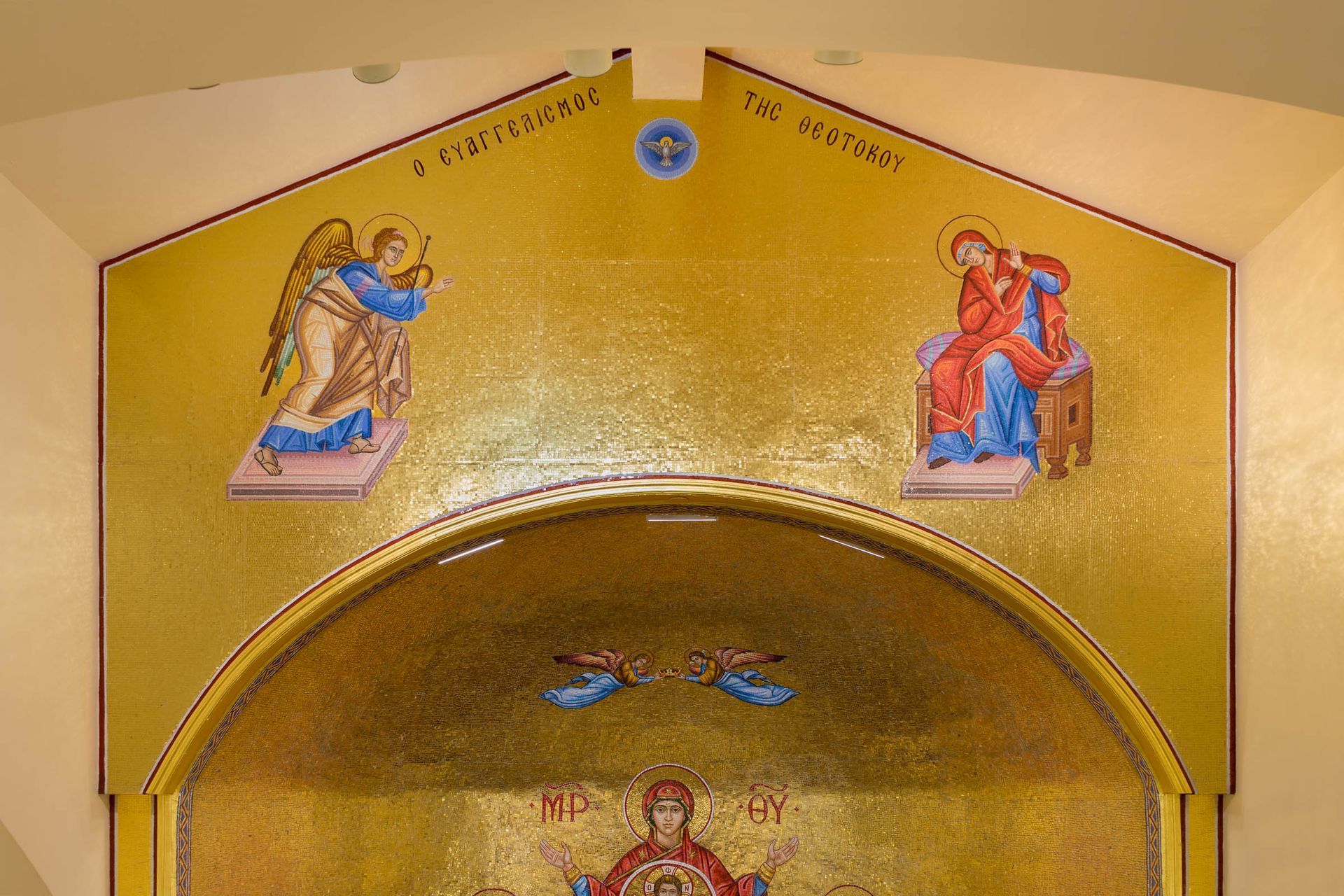 Orthodox church mosaic of the Annunciation with hand-cut tesserae on gold background. Custom liturgical art installation