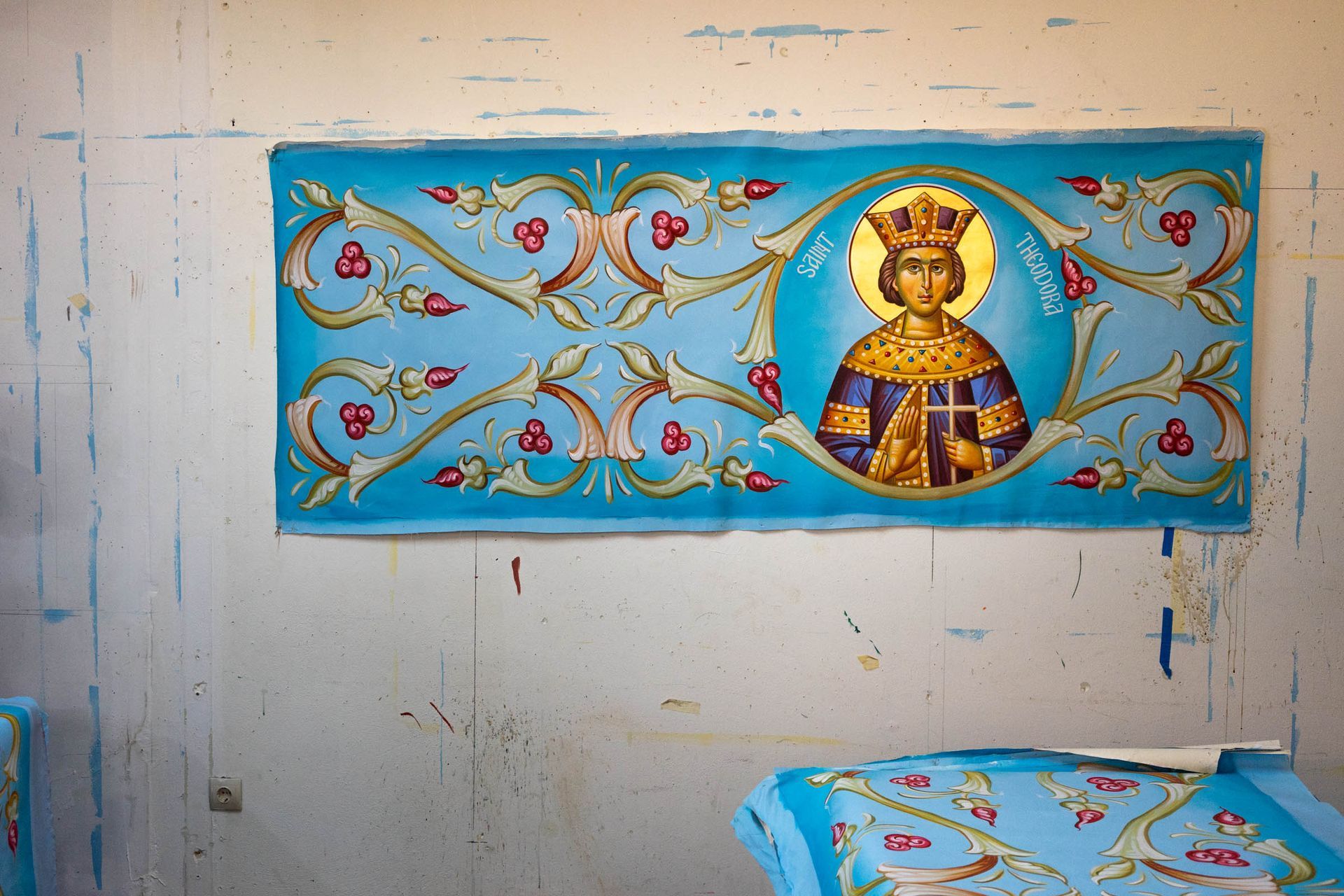 Saint Theodora hand-painted canvas icon with ornamentation, Eastern Orthodox and Byzantine Rite Catholic iconography artwork.