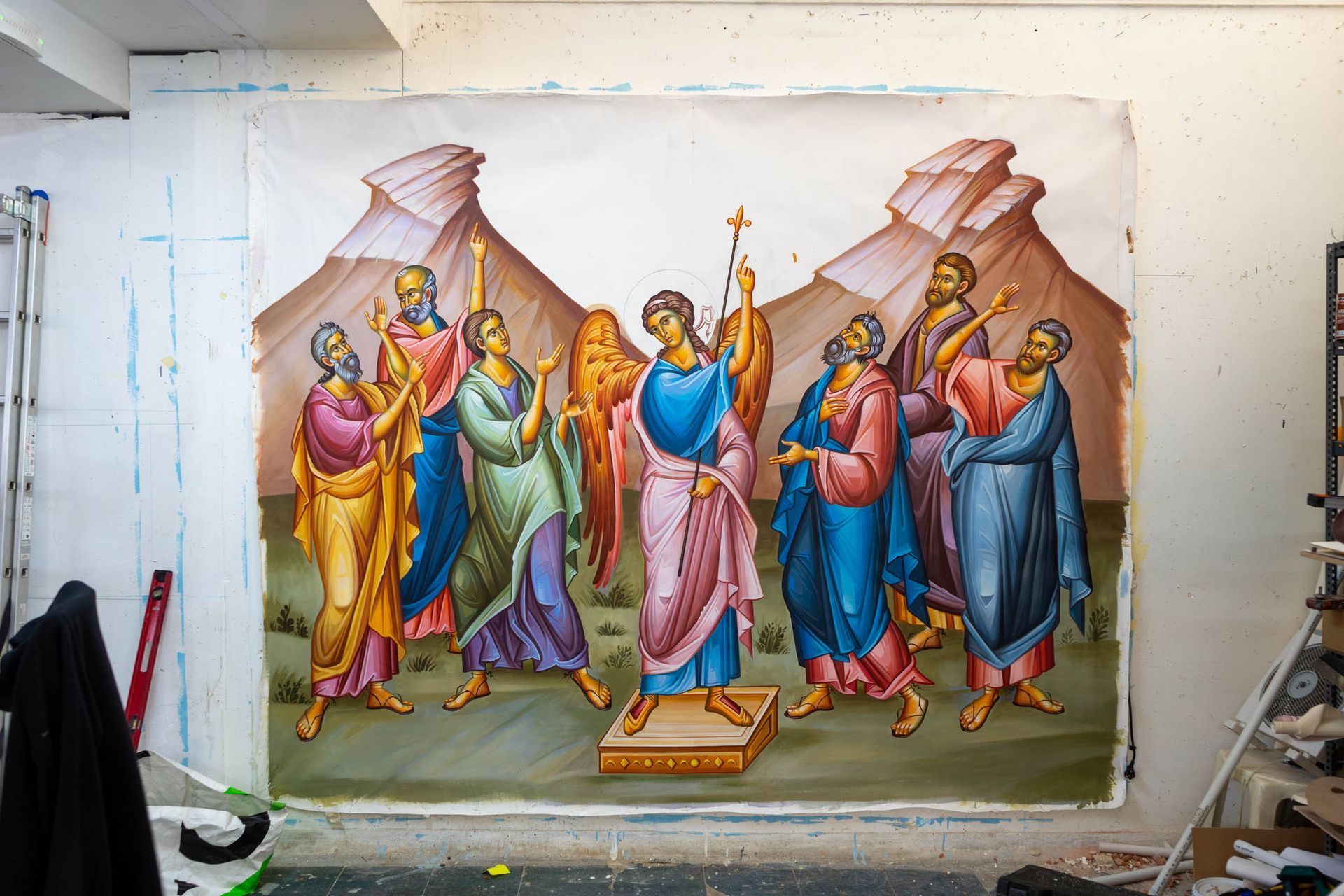 Ascension icon scene with apostles and angel hand painted on canvas during studio creation process Slavic Orthodox & Coptic.