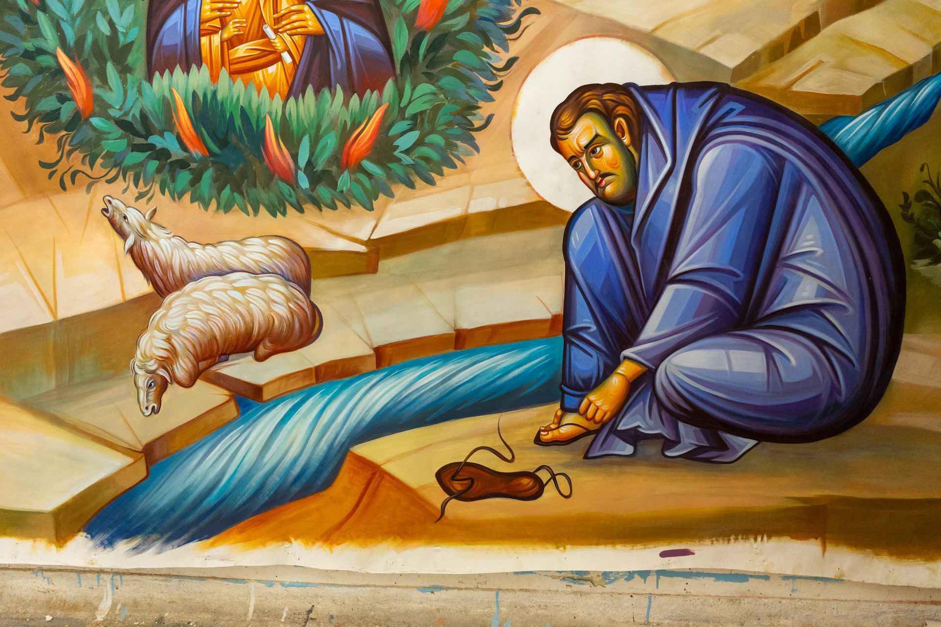 Burning Bush icon detail of Prophet Moses removing sandals before holy ground, hand-painted Orthodox Christian iconography.