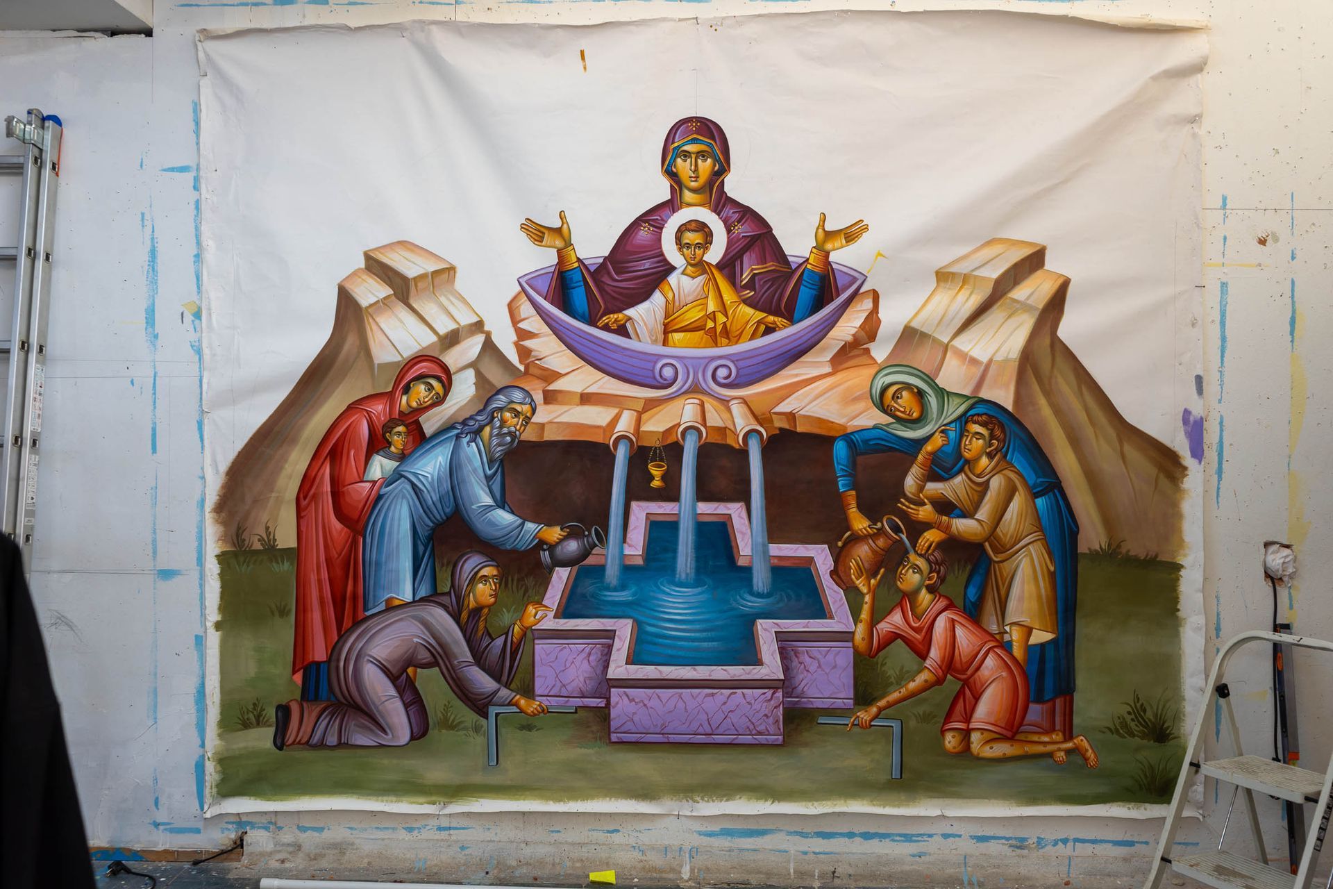 Life-Giving Spring wall mural icon with the Virgin Mary & Christ blessing the flowing fountain Eastern Christian sacred art