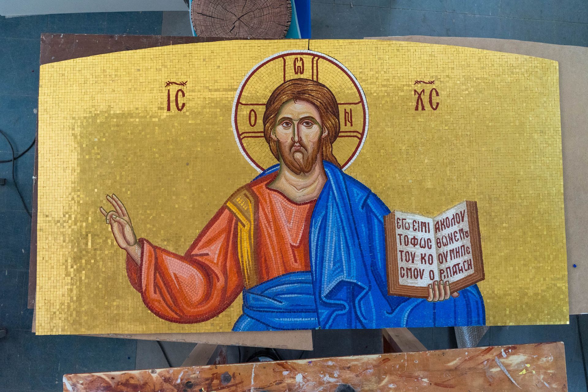 Byzantine mosaic of Christ Pantocrator for installation into the narthex of St Catherine Greek Orthodox Church in Naples, FL