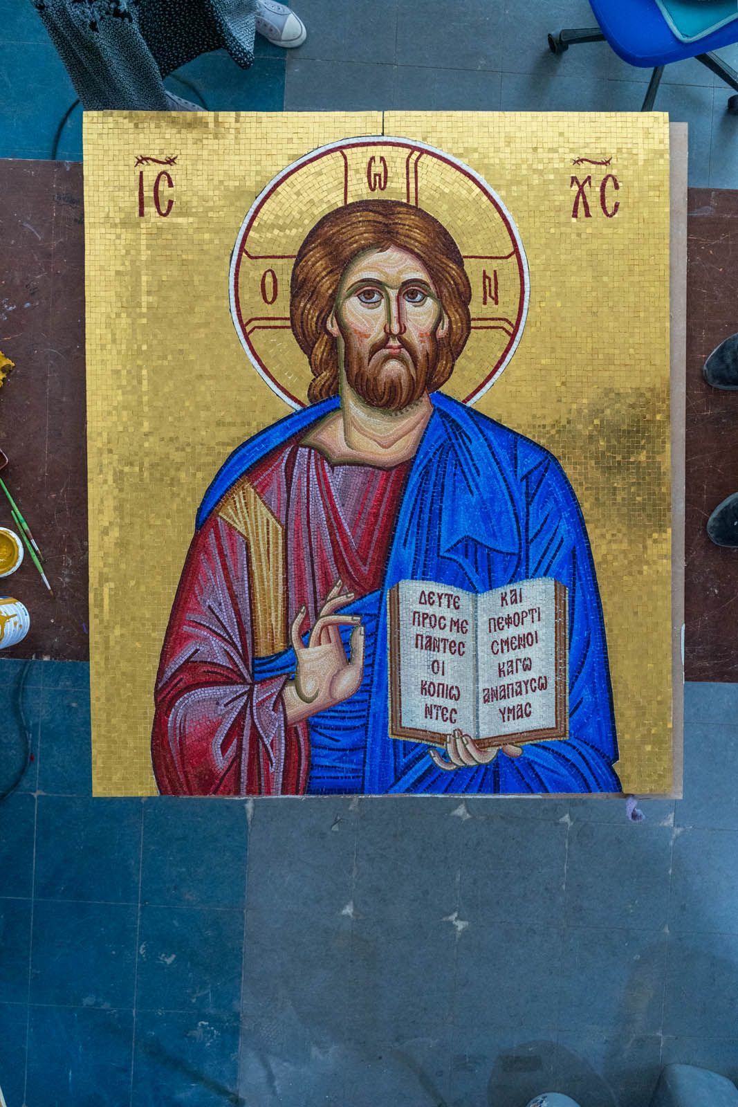 Byzantine mosaic of Christ the Teacher for the exterior facade exonarthex of St Catherine Greek Orthodox Church in Naples, FL