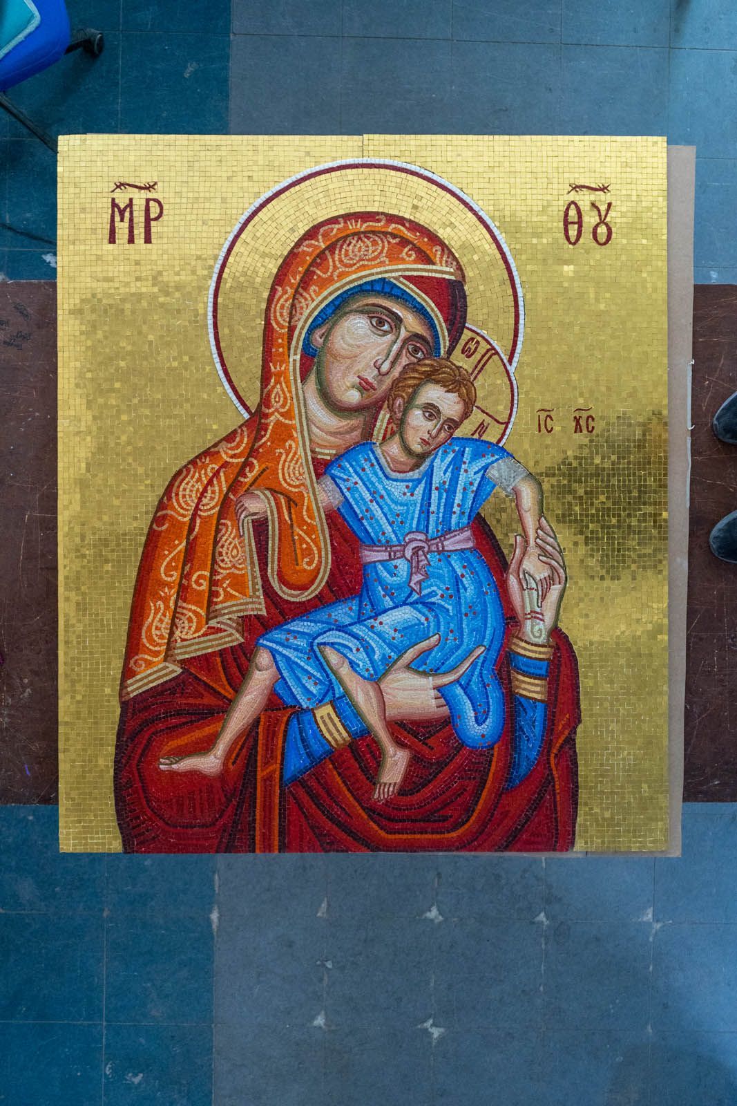 Byzantine mosaic of the Theotokos & Christ Child for the exterior facade of St. Catherine Greek Orthodox Church in Naples, FL