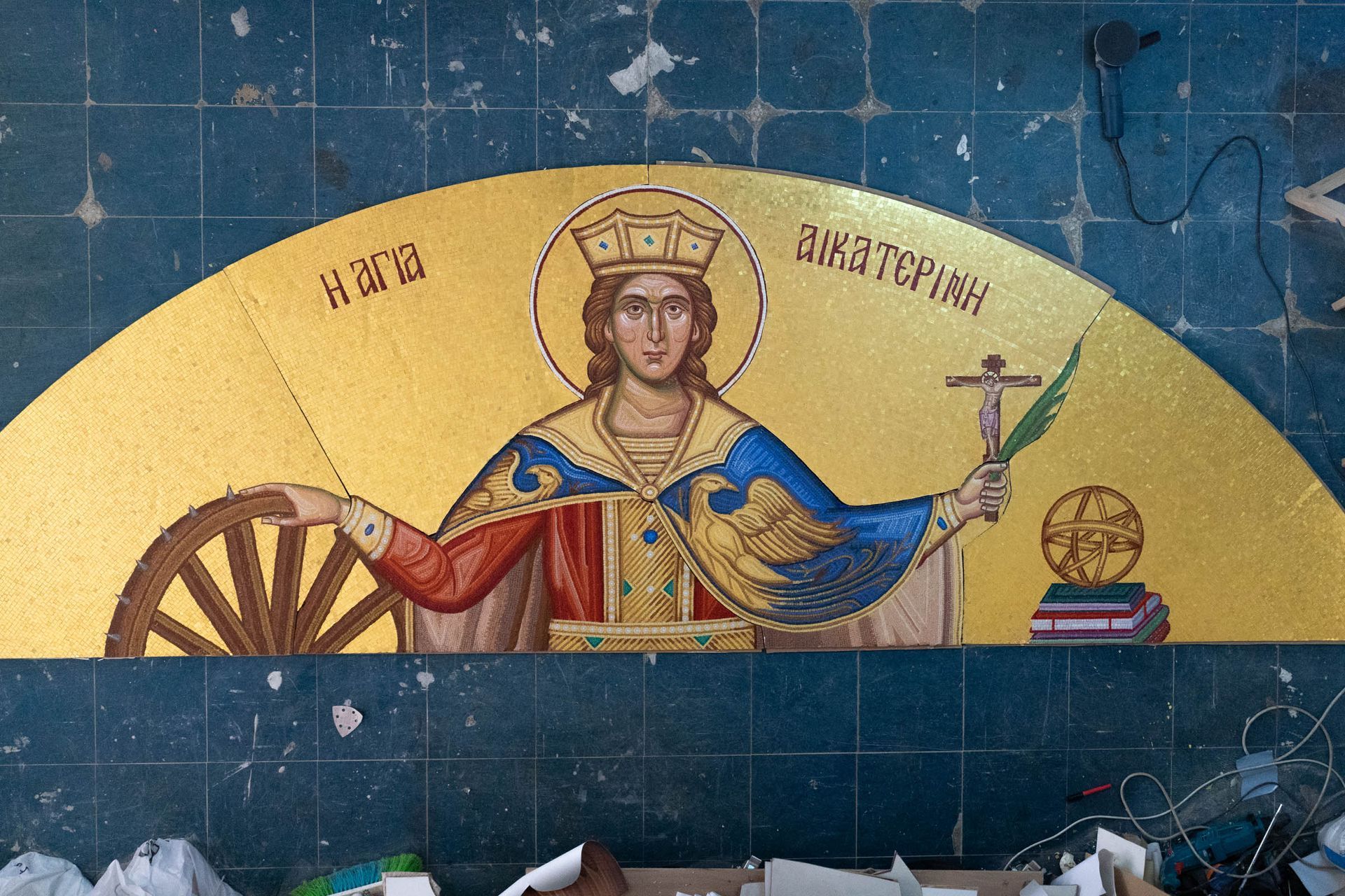 St. Catherine of the Wheel mosaic hand-cut church mosaic panel, Byzantine style, for St. Katherine Church in  Naples, FL.