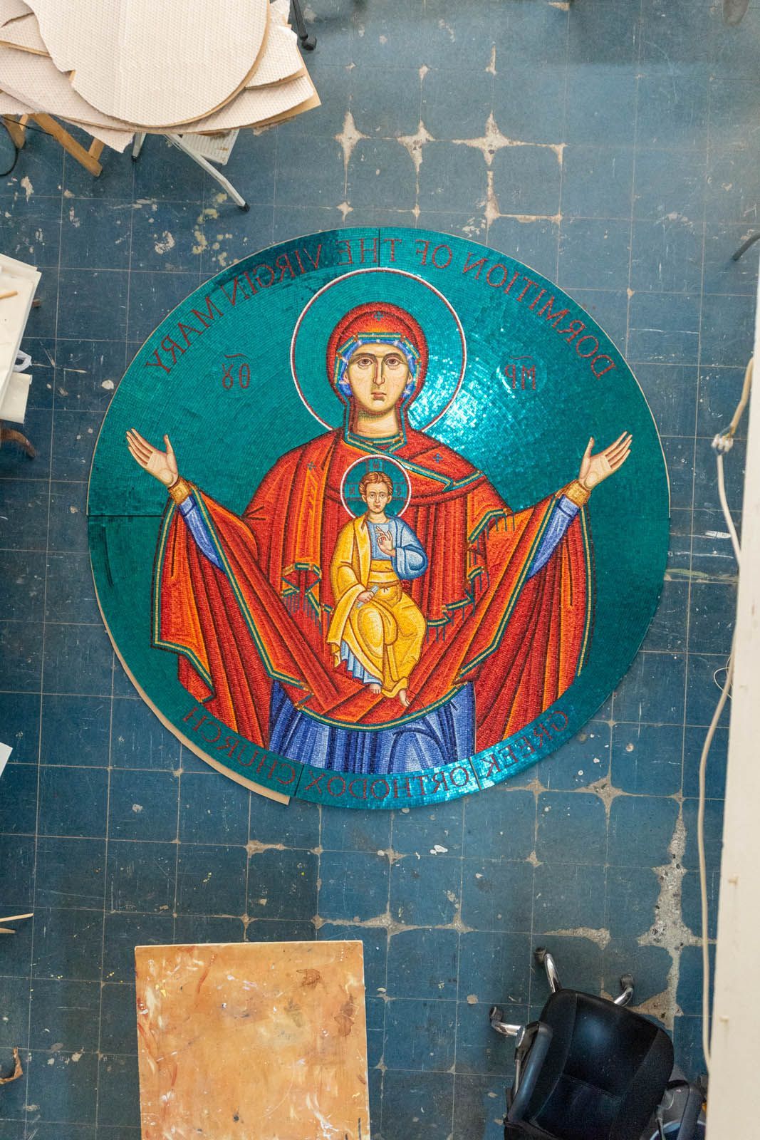 Reverse-method Virgin Mary & Christ Child Byzantine mosaic for Dormition Church exterior, handmade church mosaic icon panel.