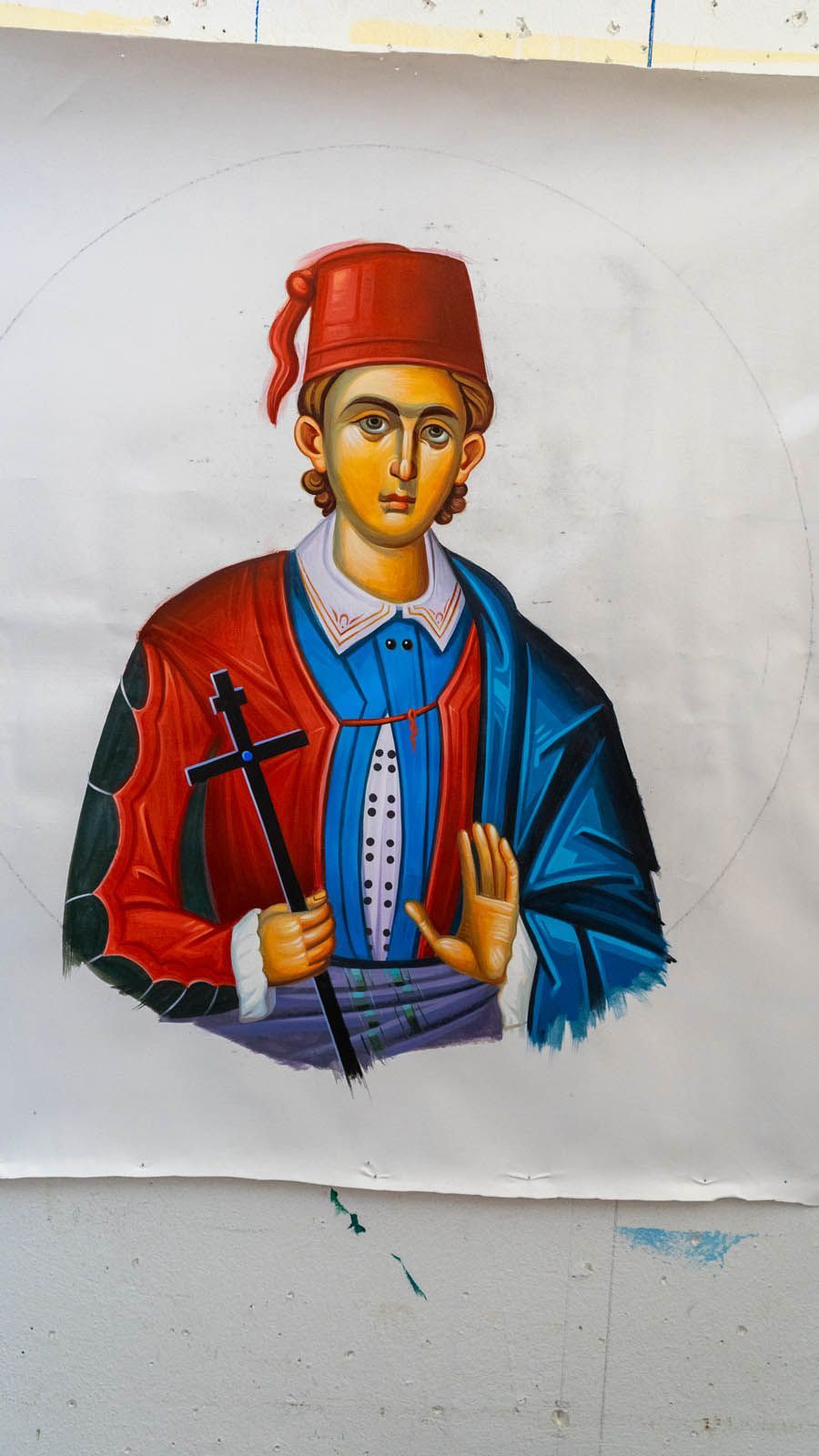 Hand-painted icon of St George the New Martyr of Ioannina in traditional Greek dress holding Cross Melkite Catholic Byzantine