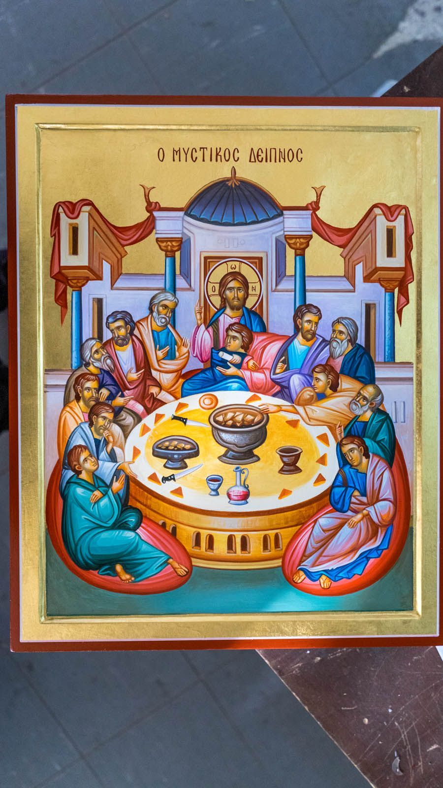 Byzantine Mystical Supper icon - hand painted Last Supper with Christ and Apostles , Eastern Christian Iconography sacred art