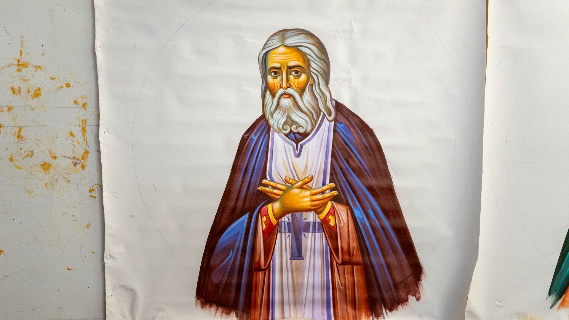 Saint Herman of Alaska icon in progress at the Byzantine Artworks studio Russian Orthodox iconography