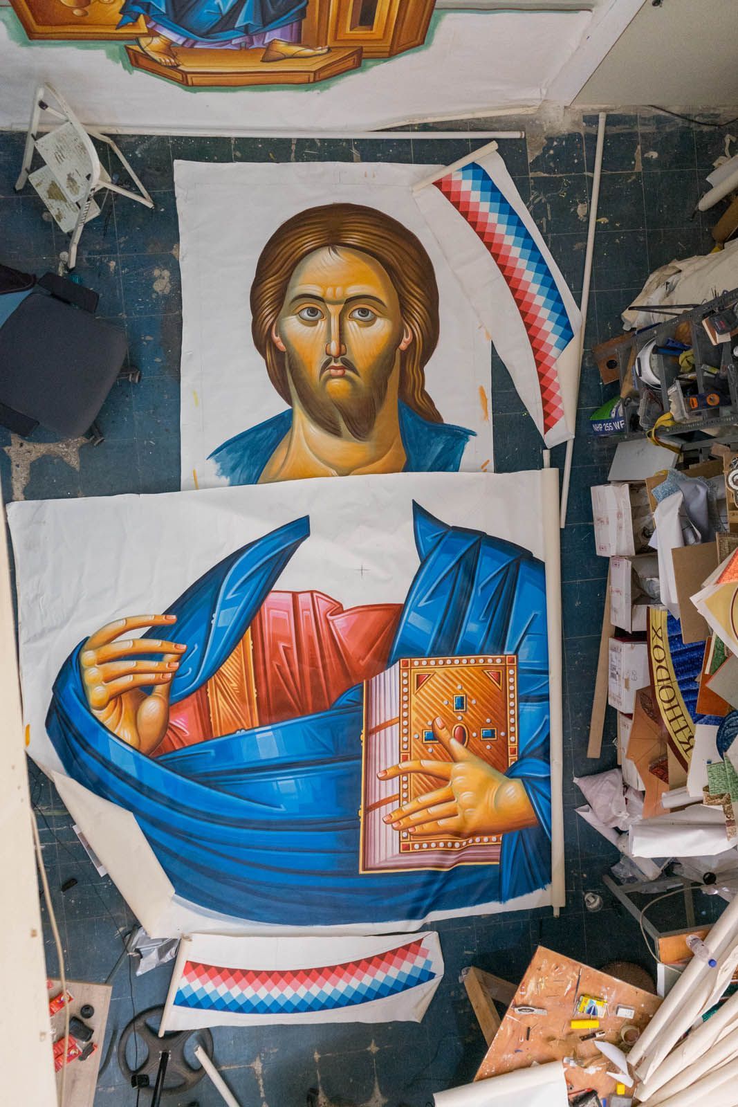 Pantocrator dome icon in preparation for St. Vasilios Greek Orthodox Church in Peabody, MA. Painted in sections on canvas.