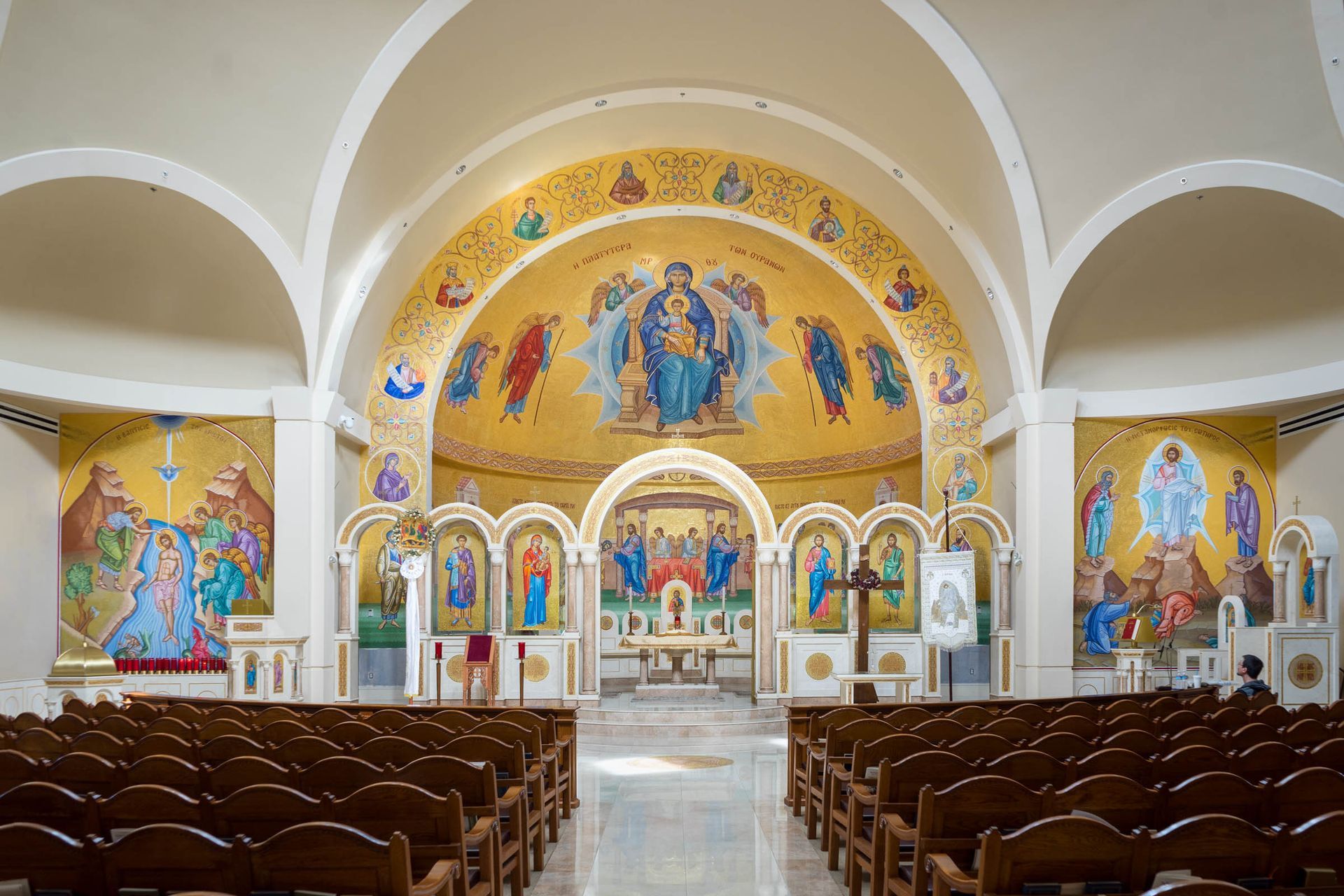 Byzantine apse mosaic at St Demetrios Weston MA with Platytera, Baptism and Transfiguration hand-cut smalti mosaic install