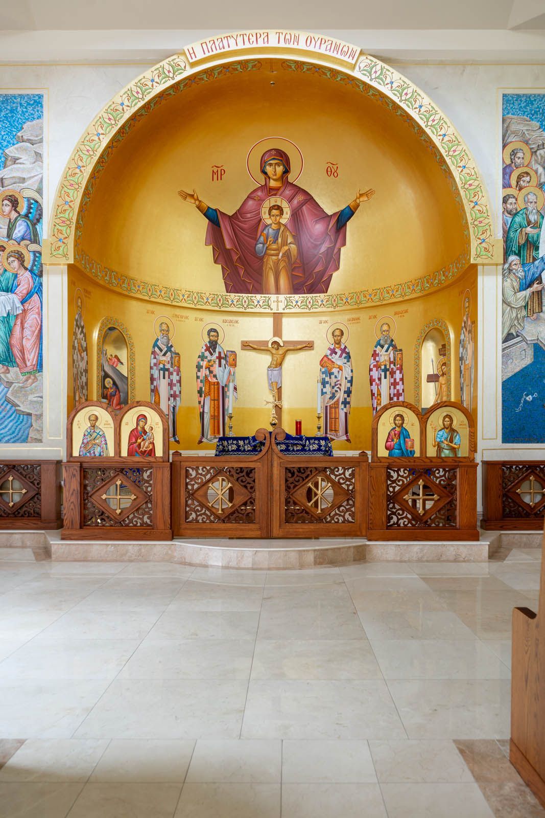 Platytera and hierarchs in the chapel of the St. Demetrios Church in Weston, MA by George Papastamatiou, Byzantine Artworks