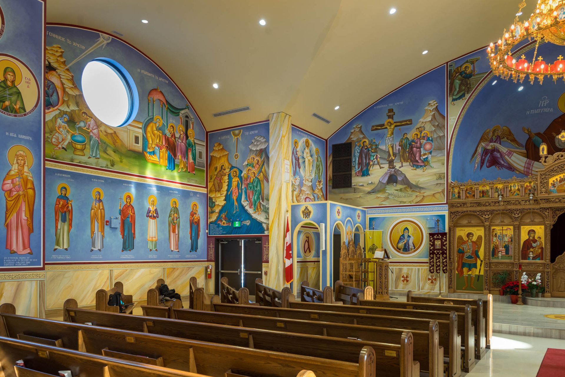 Three-quarter view of nave in the newly constructed Holy Cross Church in Windsor, Ontario, Canada by Byzantine Artworks