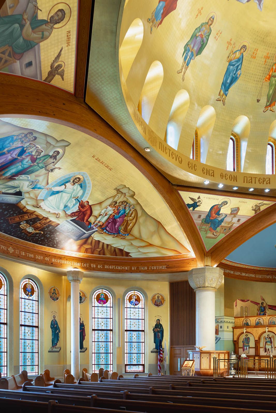 Dome, pendentives, apse, wall & iconostasis iconography at St. Luke Greek Orthodox Church Broomall, PA by Byzantine Artworks 