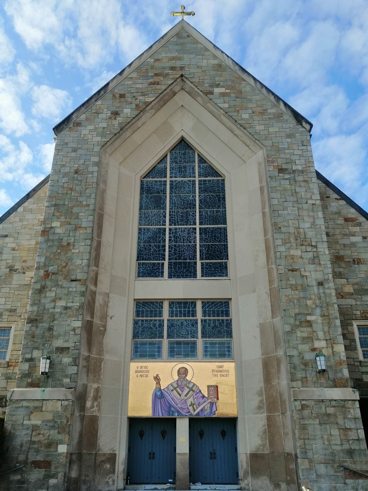 Custom mosaic installation on historic Catholic facade. Art for Orthodox or Catholic renovations. St Athanasius Arlington, MA