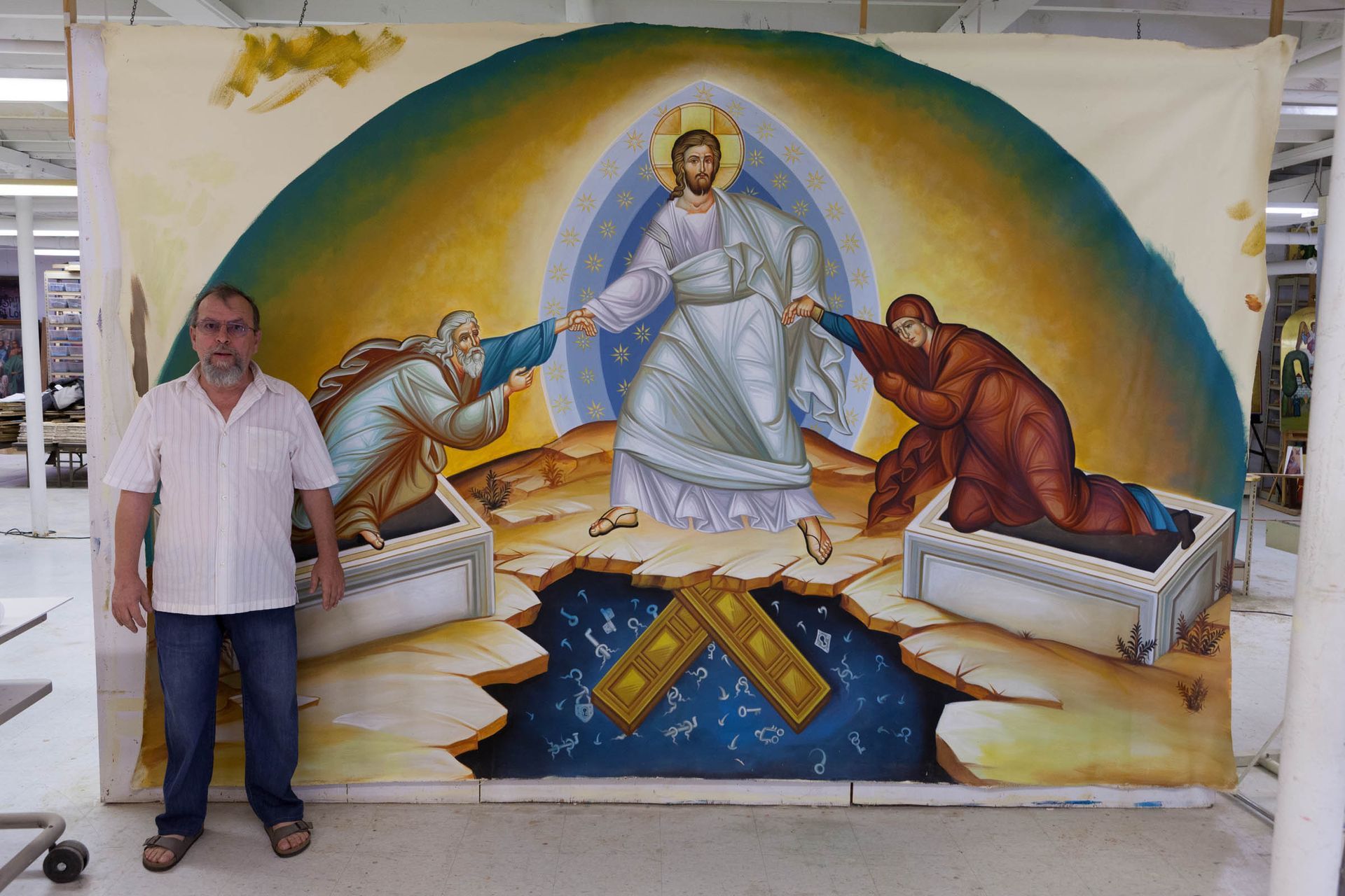 Iconographer George Papastamatiou beside his icon of the Resurrection for Saints Constantine & Helen Church in Andover, MA