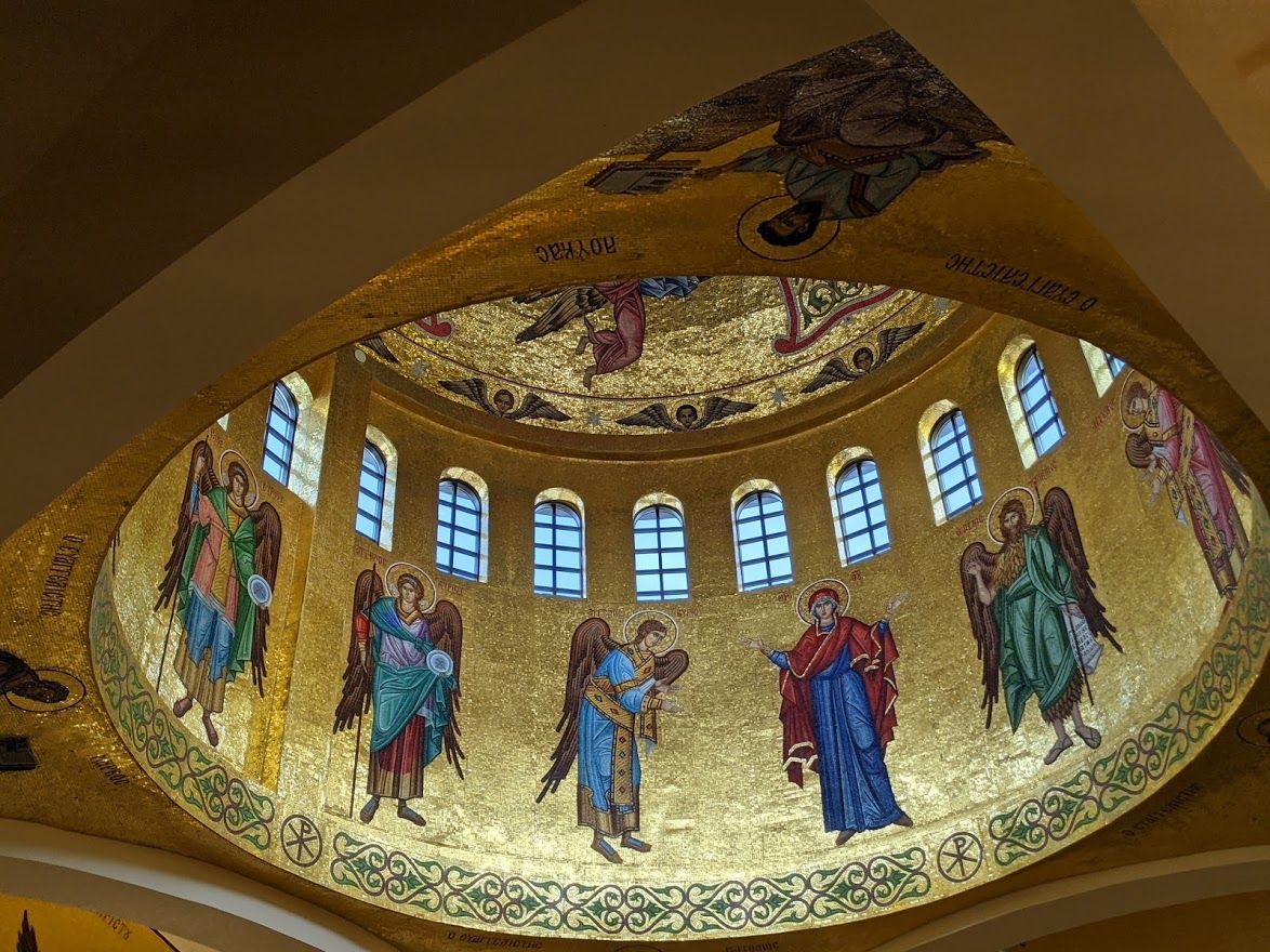 Full-body Byzanyine mosaic figures in gold dome barrell. Denver Orthodox Cathedral chapel custom liturical mosaic artwork