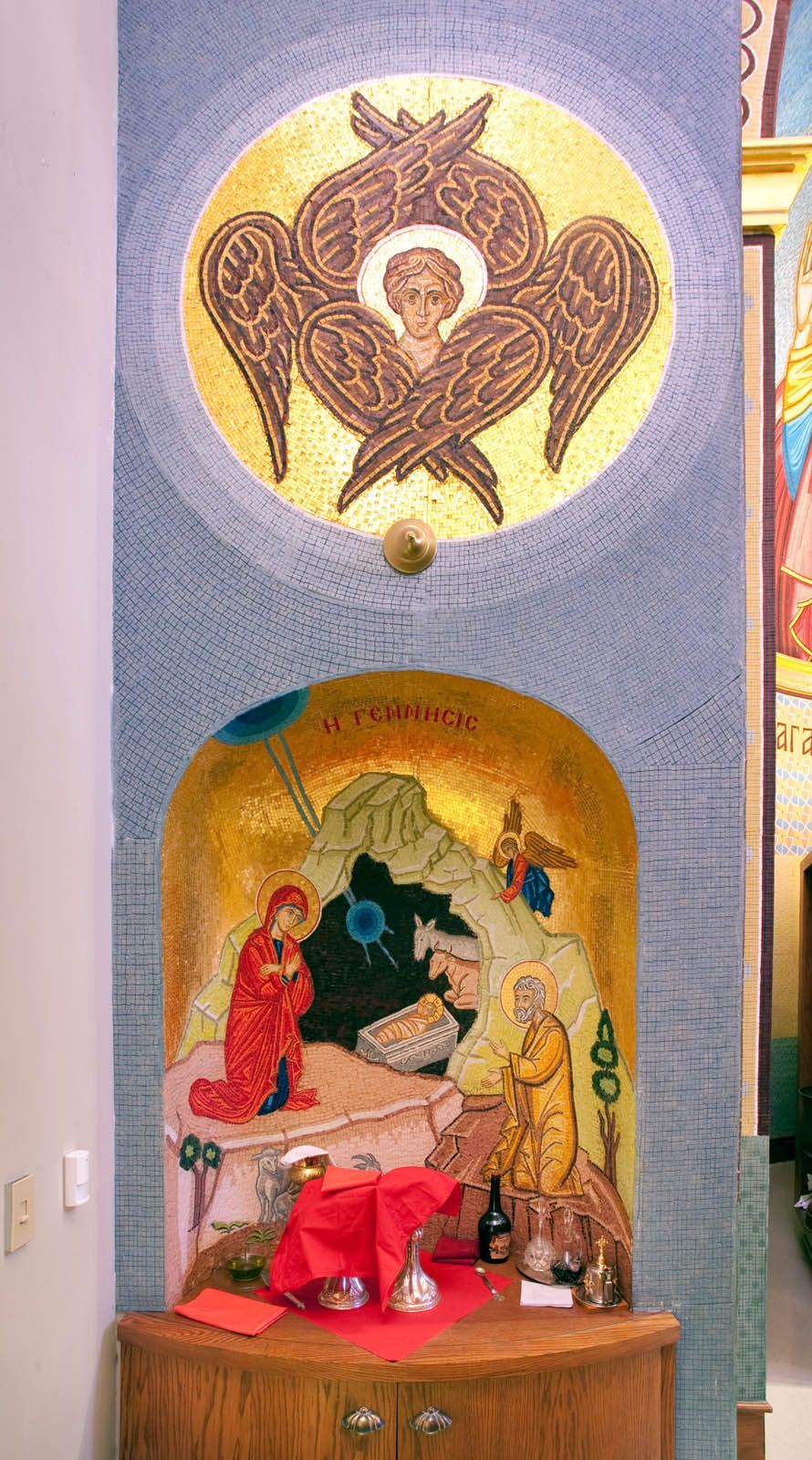 Nativity micro-mosaic, seraphim in prothesis niche, Eastern Christian iconography for Orthodox & Byzantine Catholic churches.