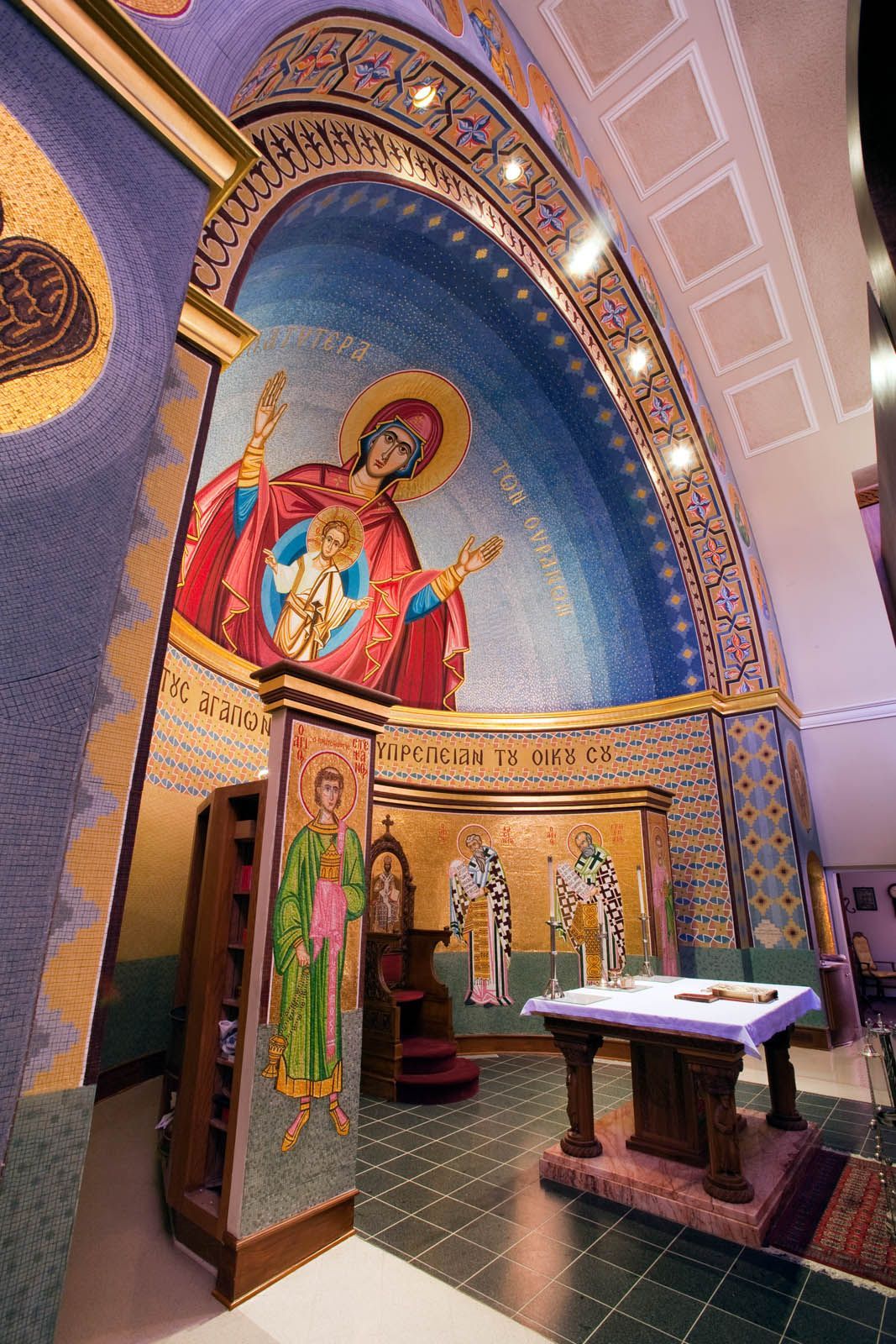 Byzantine mosaic Platytera, Altar sanctuary, saint figures, columns and arch geometric ornamentation St George Greenville SC