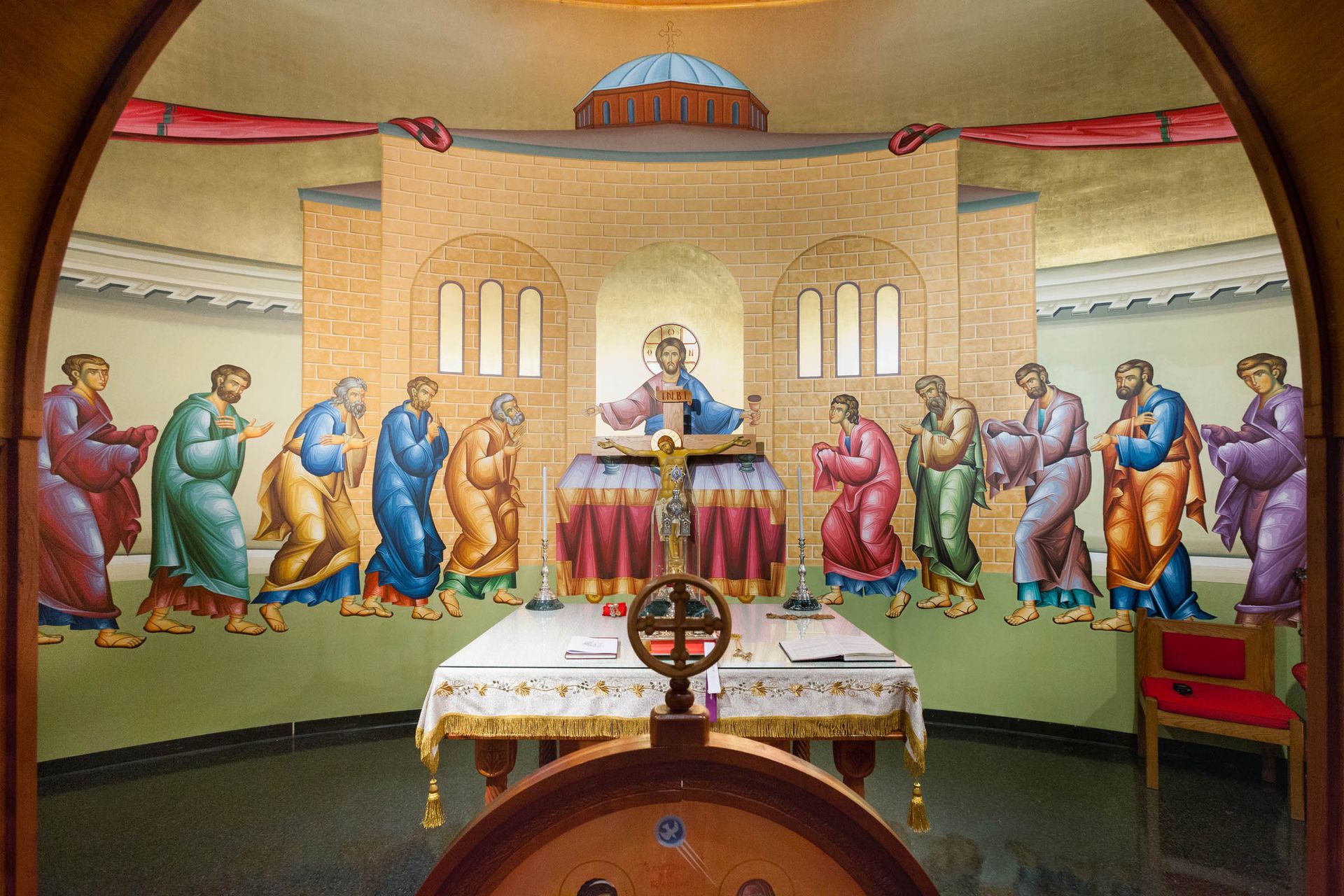 The Communion of the Apostles icon in the Altar at St. Luke Greek Orthodox Church in Broomall, PA, by Byzantine Artworks