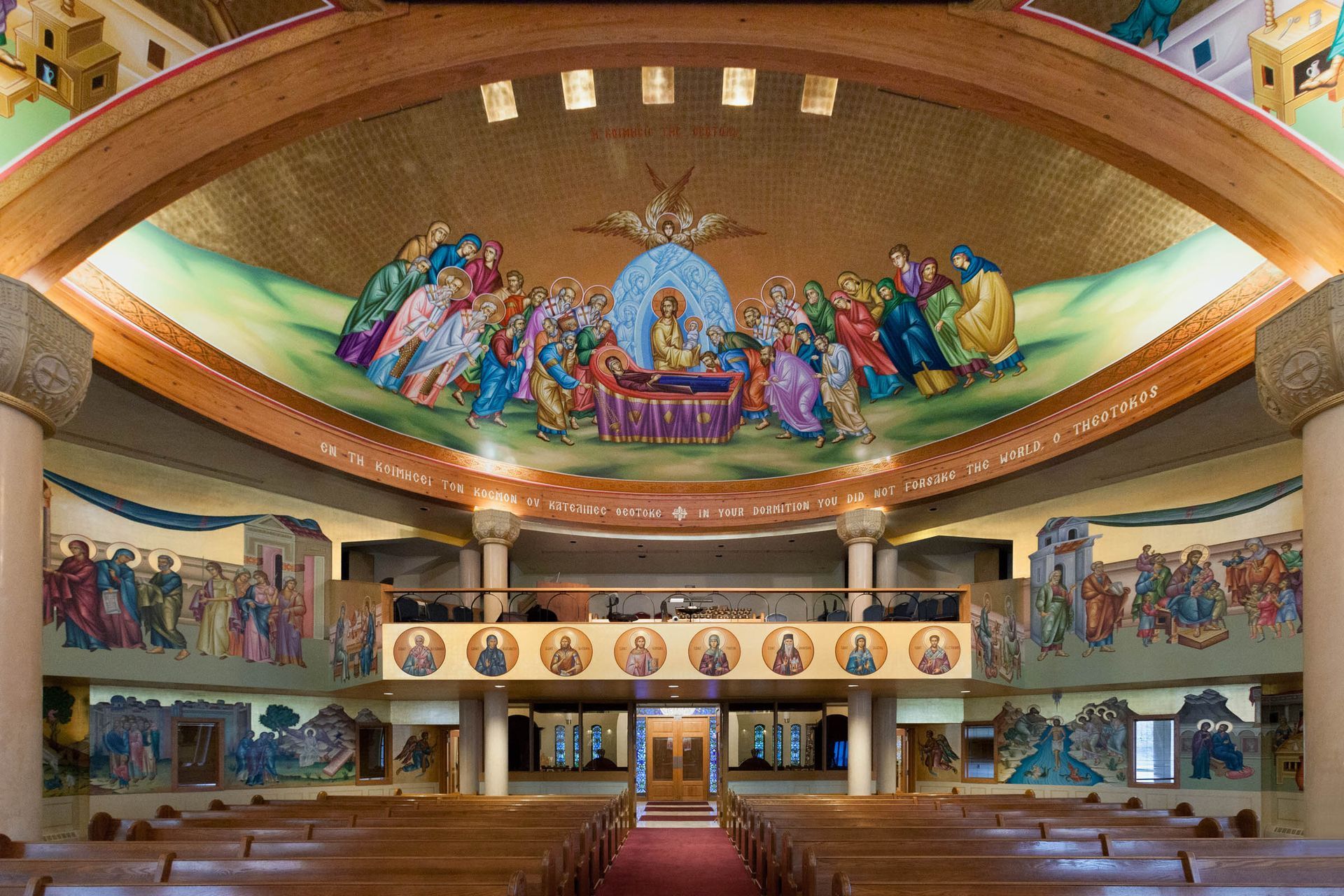 Apse Dormition iconography and rear wall balcony at St. Luke Greek Orthodox Church in Broomall, PA, by Byzantine Artworks
