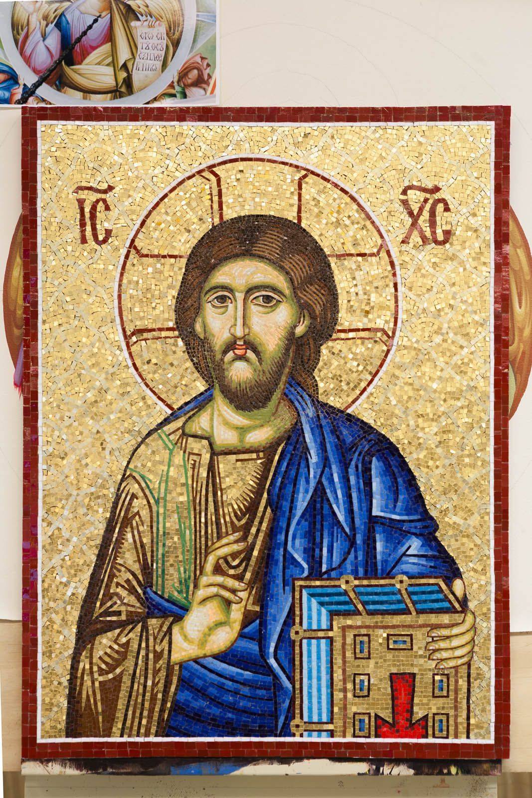 Reproduction of Christ mosiac from Deisis wall panel at Hagia Sophia in Constantinople Istanbul. Portable liturgical artwork.