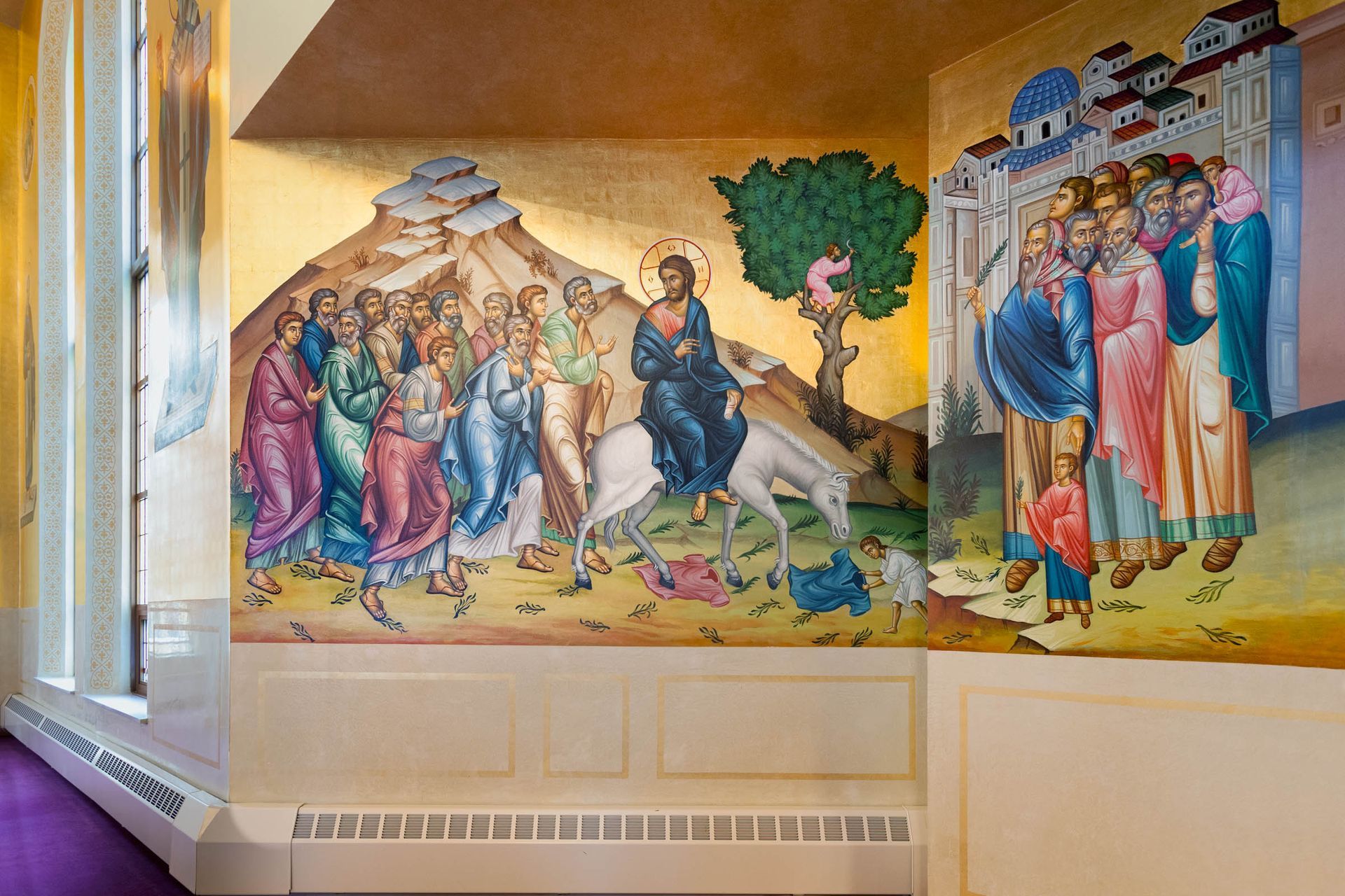 Entrance into Jerusalem mural icon and faux-marble at St. Luke Greek Orthodox Church in Broomall, PA, by Byzantine Artworks