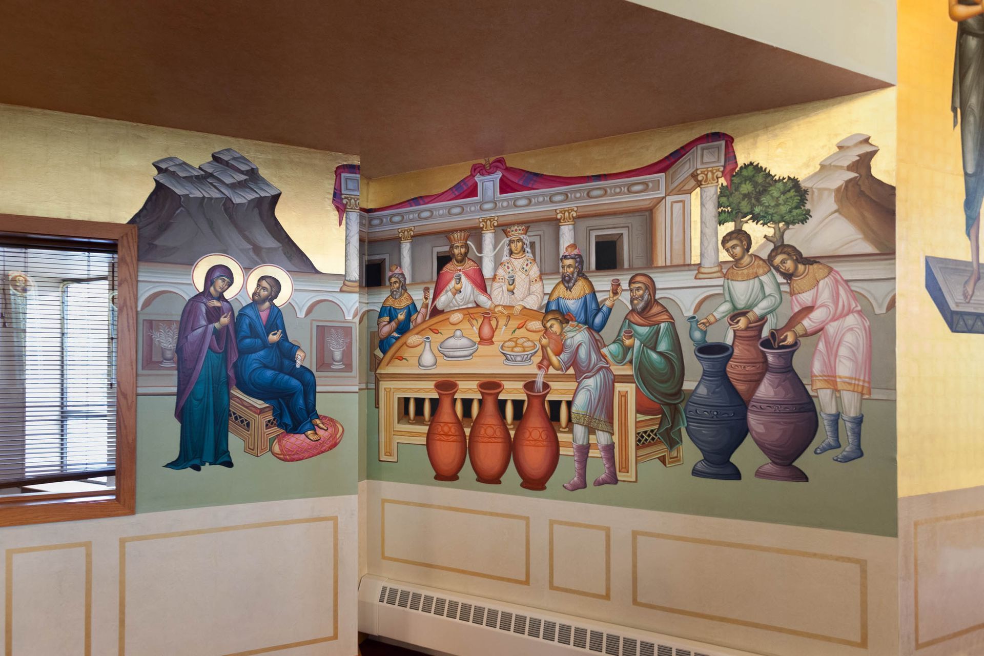 Wedding at Cana mural iconography and faux-marble at St. Luke Greek Orthodox Church in Broomall, PA, by Byzantine Artworks