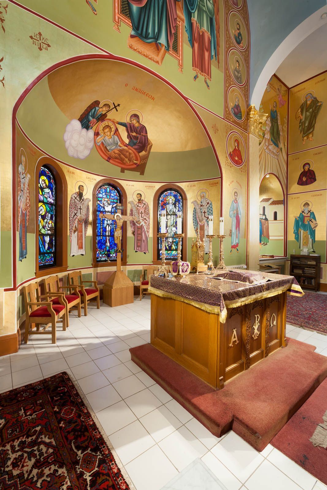 Eastern Orthodox apse murals with hierarch icons and Anapeson scene, hand-painted Byzantine church iconography restoration