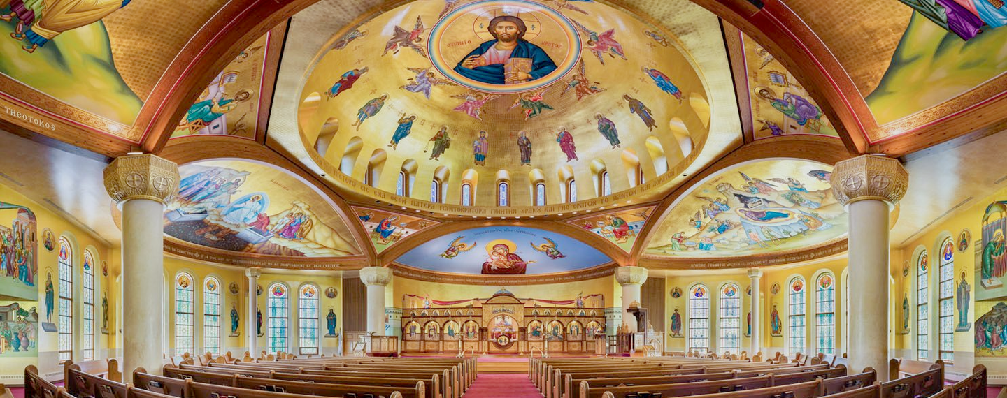 Completed Byzantine iconography project featuring Pantokrator, wall murals & full body saints at St. Luke in Broomall, PA