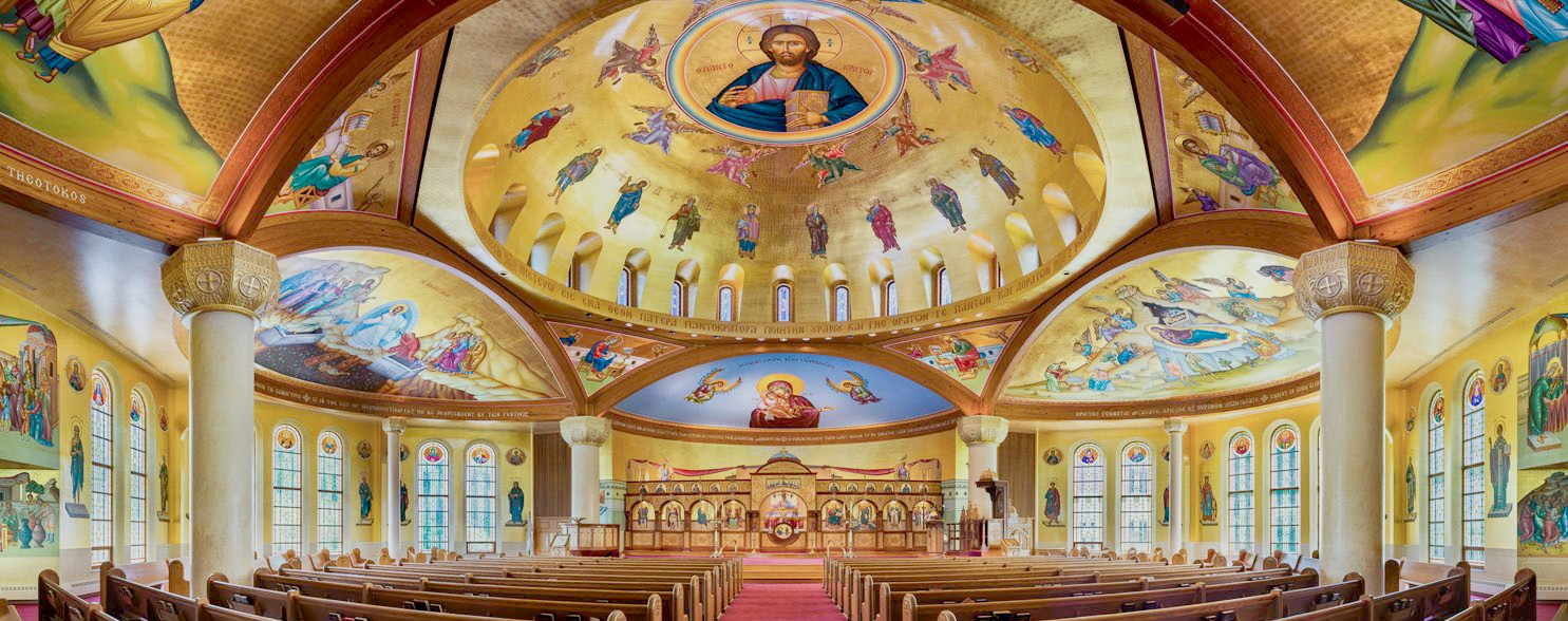 Completed Byzantine iconography project featuring Pantokrator, wall murals & full body saints at St. Luke in Broomall, PA