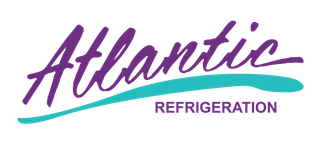 Logo for Atlantic Refrigeration, featuring purple cursive "Atlantic" above a teal line and "REFRIGERATION" in purple.