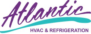Logo for Atlantic Refrigeration, featuring purple cursive "Atlantic" above a teal line and "REFRIGERATION" in purple.