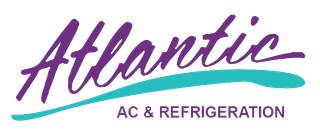 Logo for Atlantic Refrigeration, featuring purple cursive "Atlantic" above a teal line and "REFRIGERATION" in purple.