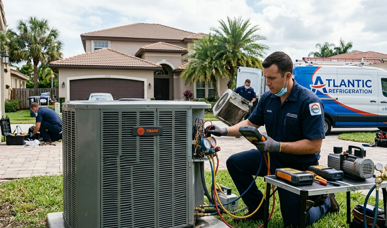 Atlantic Refrigeration technician using gauges to provide professional AC repair on an outdoor unit.