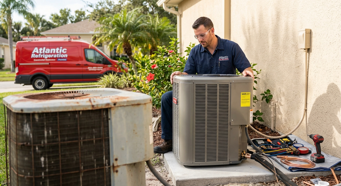 Atlantic Refrigeration technician installing a brand-new high-efficiency home AC unit.