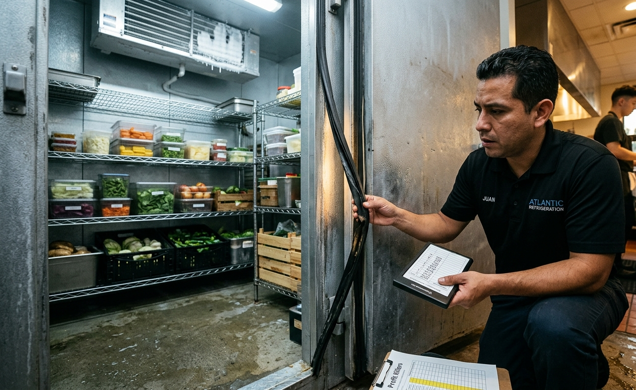 A technician inspecting a damaged walk-in cooler door gasket in a restaurant kitchen.