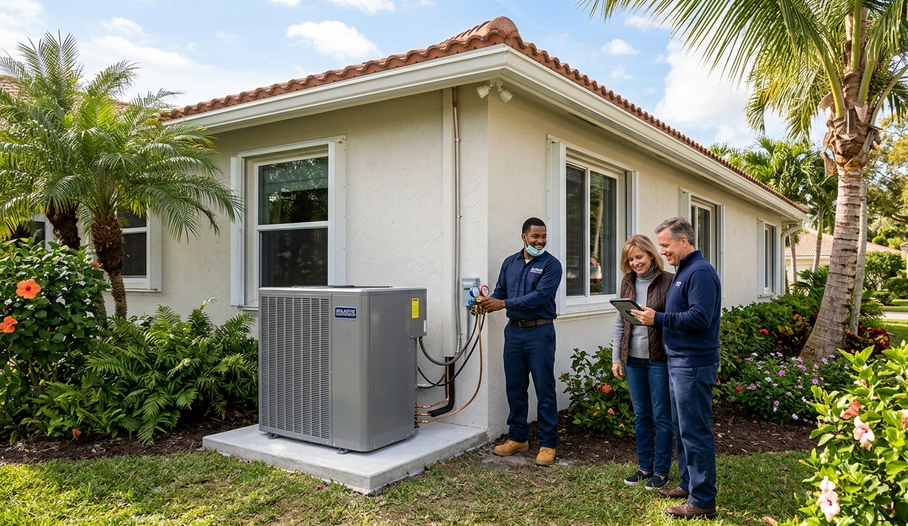 HVAC technician installing a modern heat pump at a residential home in Delray Beach, Florida
